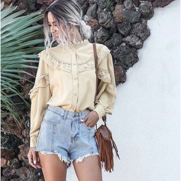 Lace blouse shirt soft khaki button top collar long sleeve